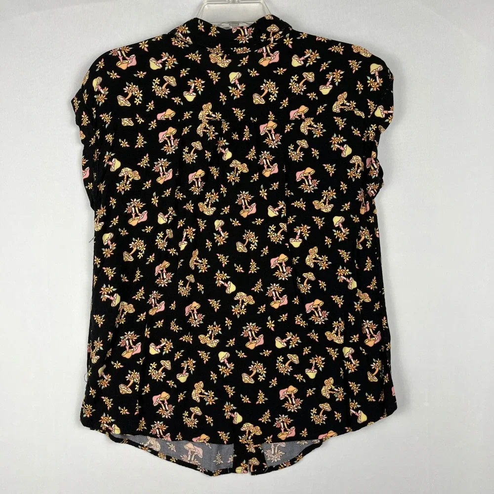 No Boundaries Neon Mushroom Floral Print Button Up Shirt‎ Top M 7/9 Black EUC